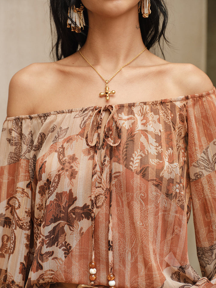 Boho Print Semi-Sheer Chiffon Tie-Front Blouse