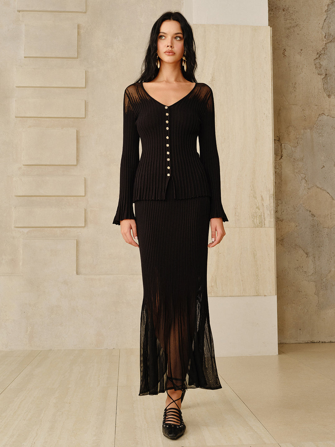 Mesh Panel Ribbed Knit Top