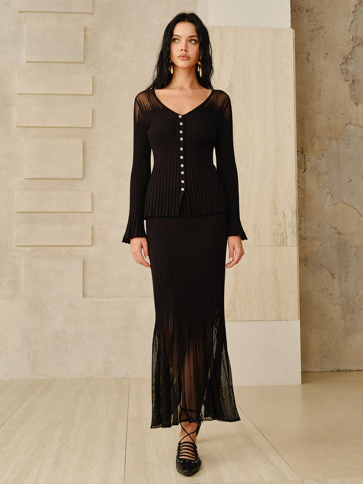 Mesh Panel Ribbed Knit Top