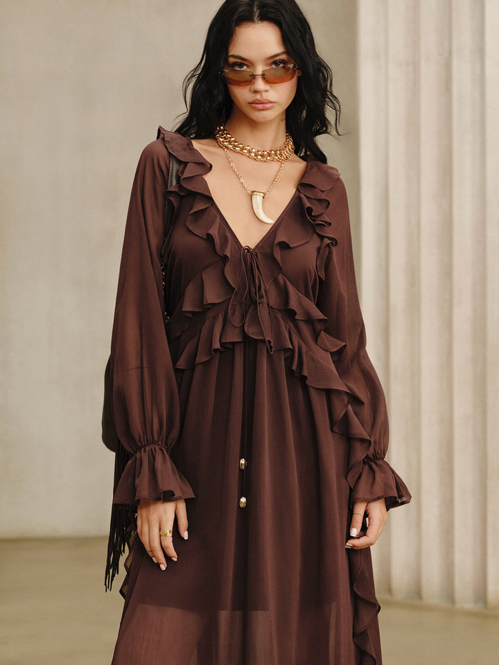 Ruffled Chiffon Maxi Dress Set with Cami Dress Liner