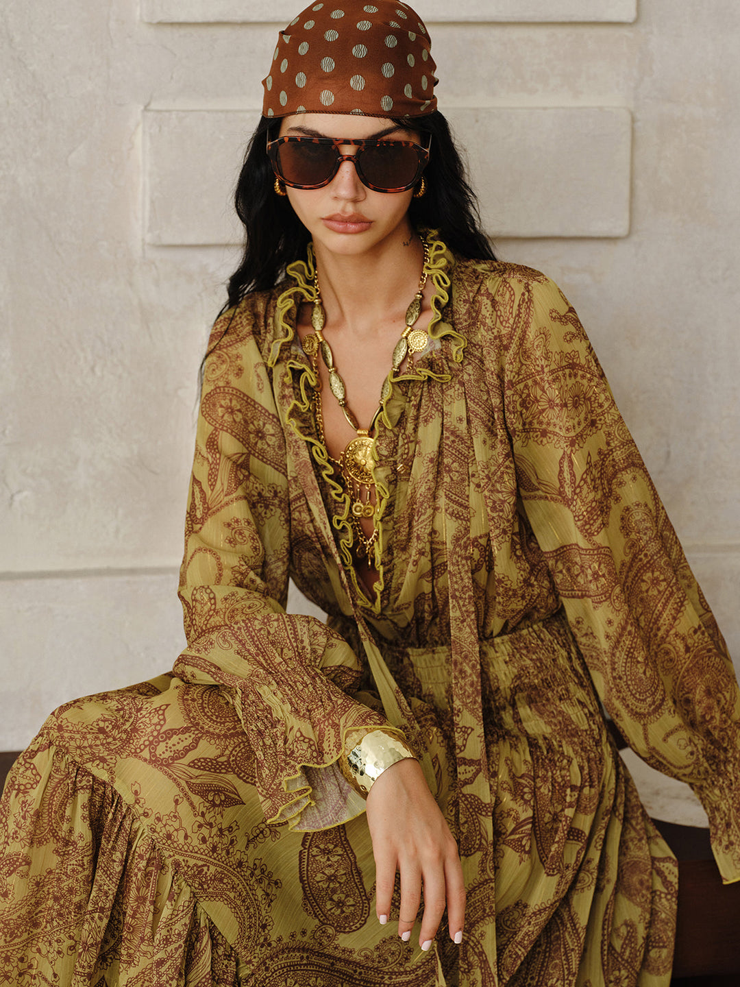 Boho Print Chiffon Maxi Dress Set with Liner