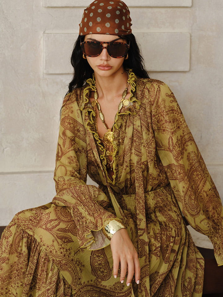 Boho Print Chiffon Maxi Dress Set with Liner