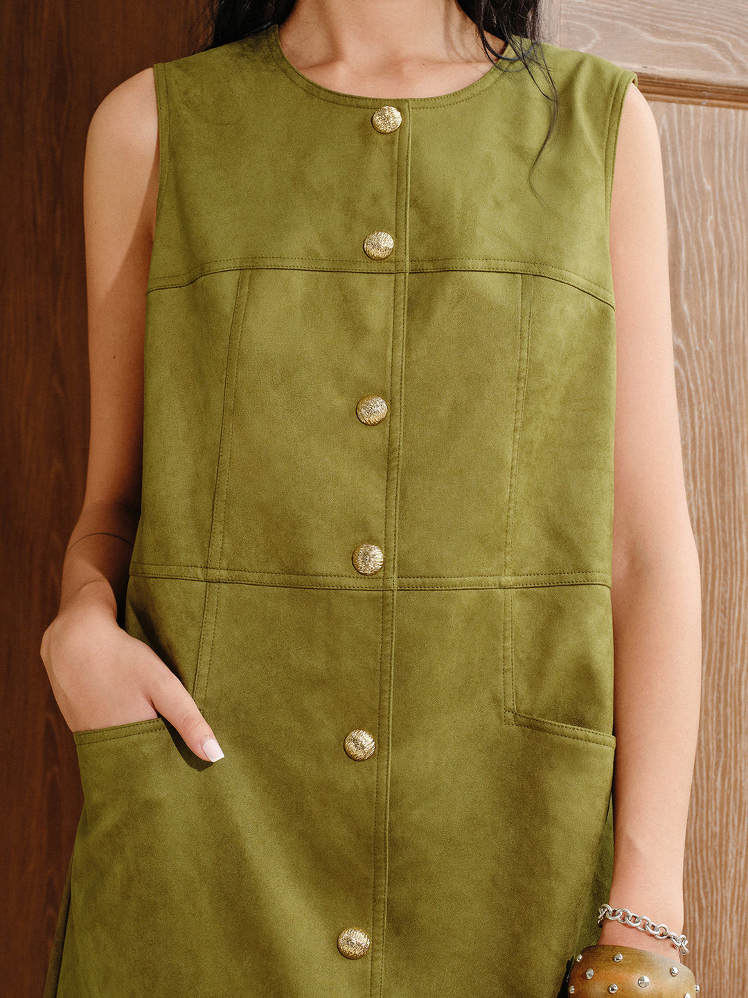 Suede Metal Button Mini Dress