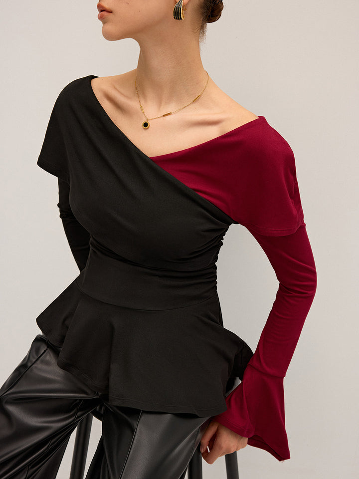 Two-Tone Asymmetric Peplum T-Shirt