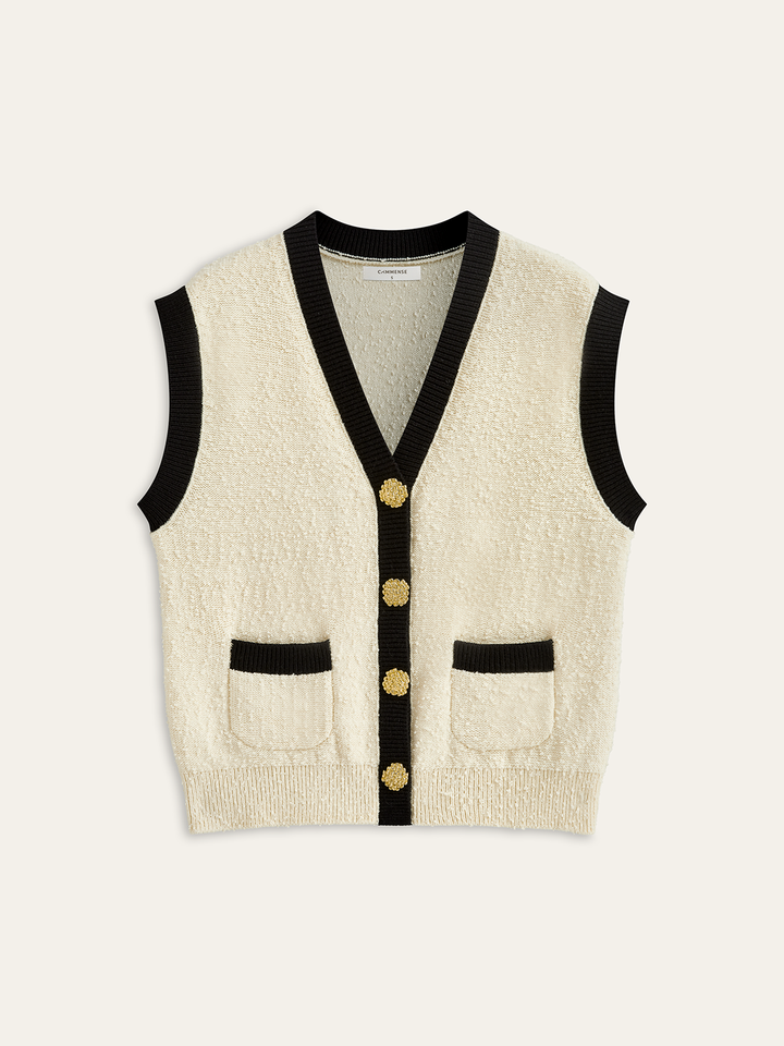 Contrast Trim Metal Button Textured Knit Vest