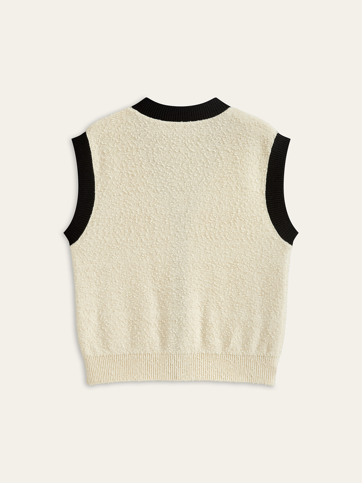 Contrast Trim Metal Button Textured Knit Vest