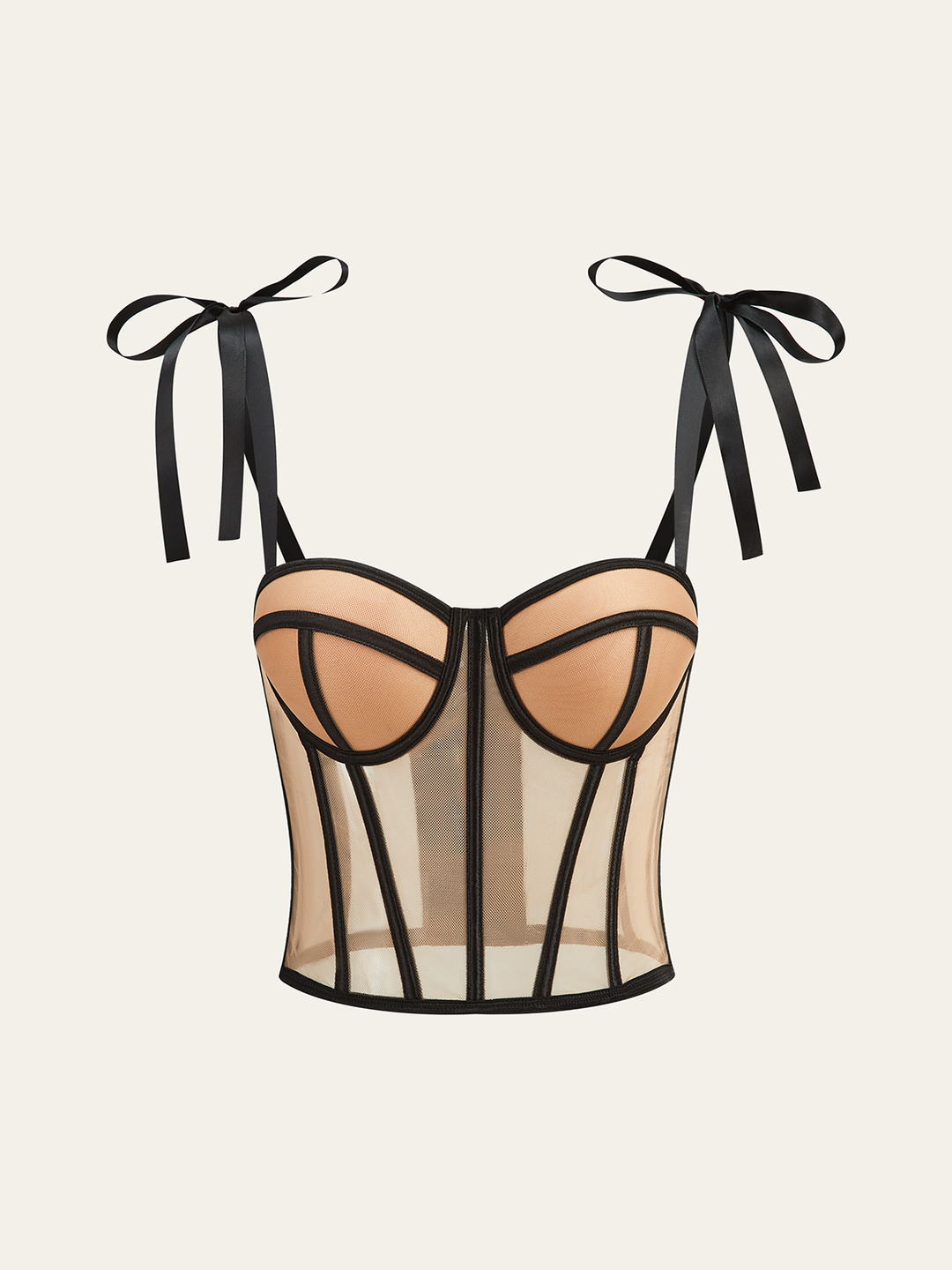 Sheer Mesh Bow-Tied Strap Corset Top