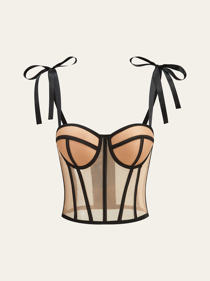Sheer Mesh Bow-Tied Strap Corset Top