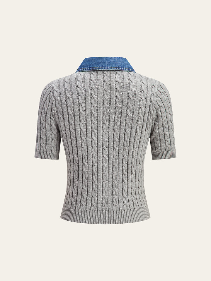 Metal Button Denim Collar Cable-Knit Top