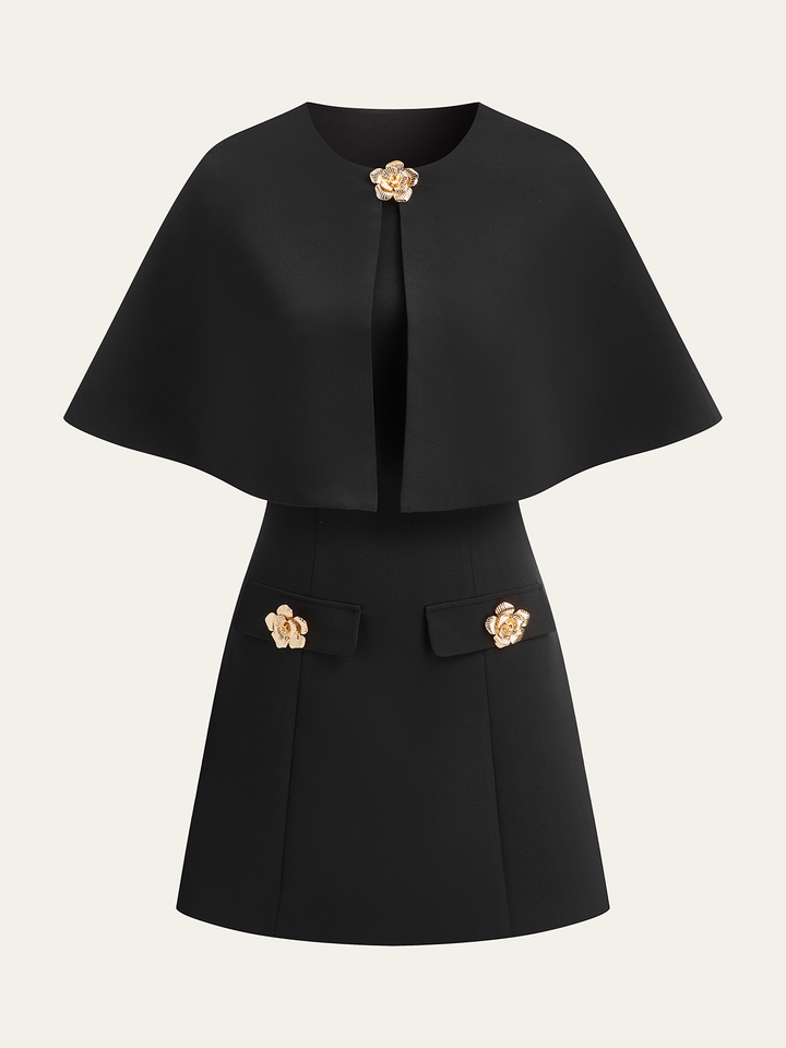 Detachable Cape Metal Floral Detail Dress Set