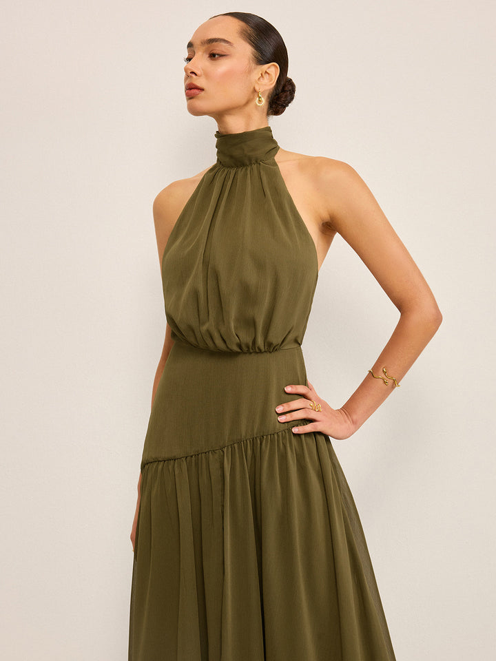 Semi-Sheer Halter Neck Chiffon Maxi Dress with Back Bow