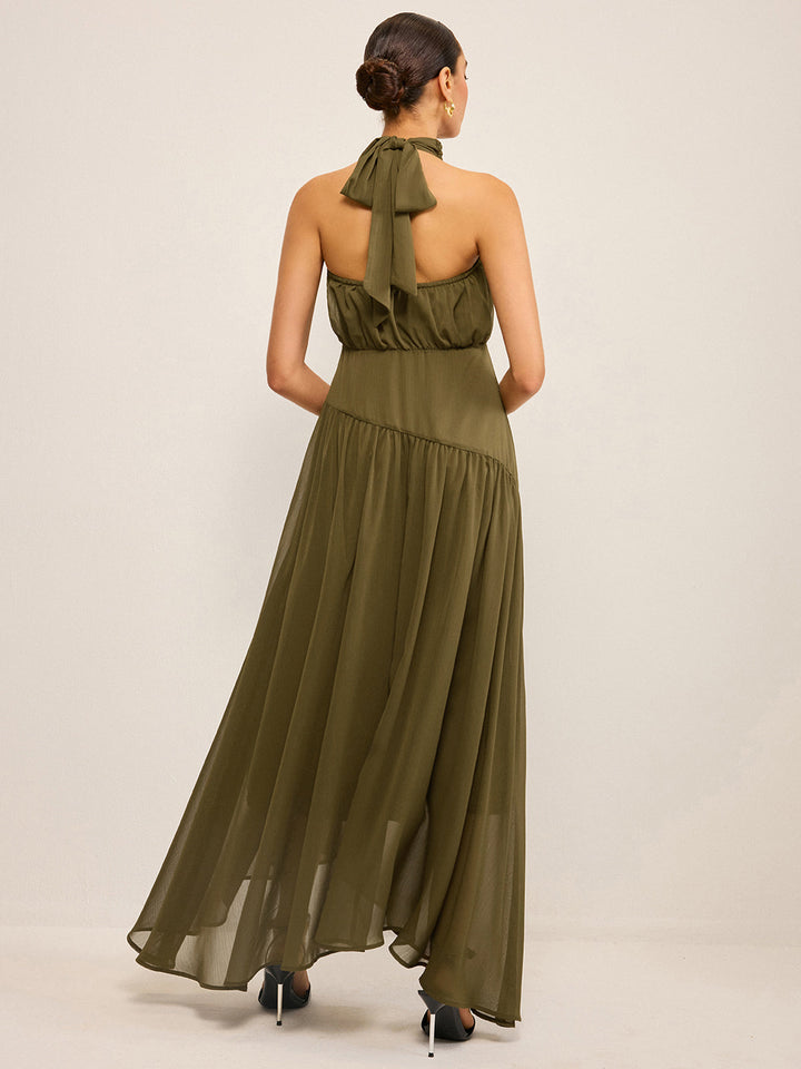 Semi-Sheer Halter Neck Chiffon Maxi Dress with Back Bow