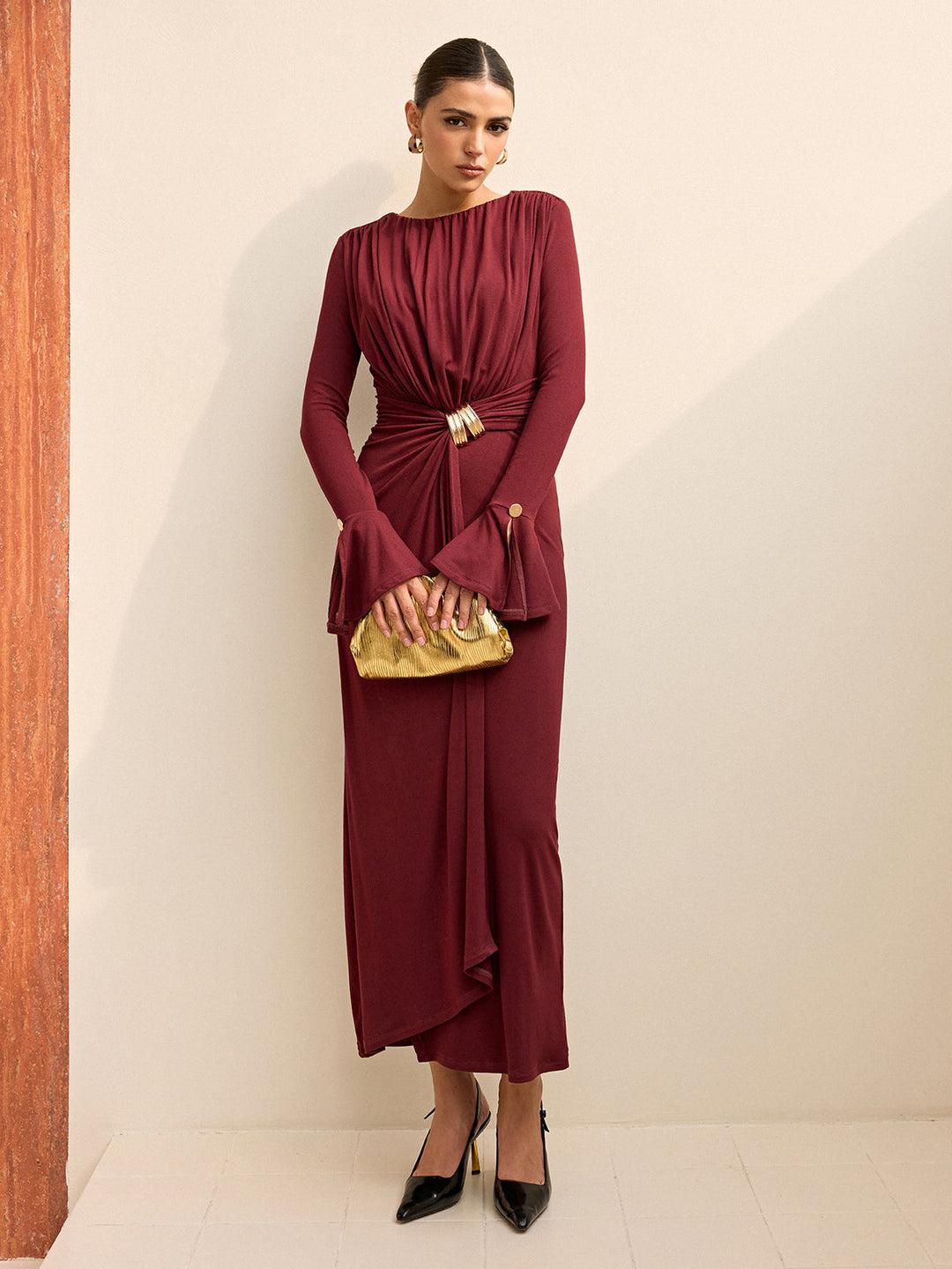 Long-Sleeve Draped Maxi Dress