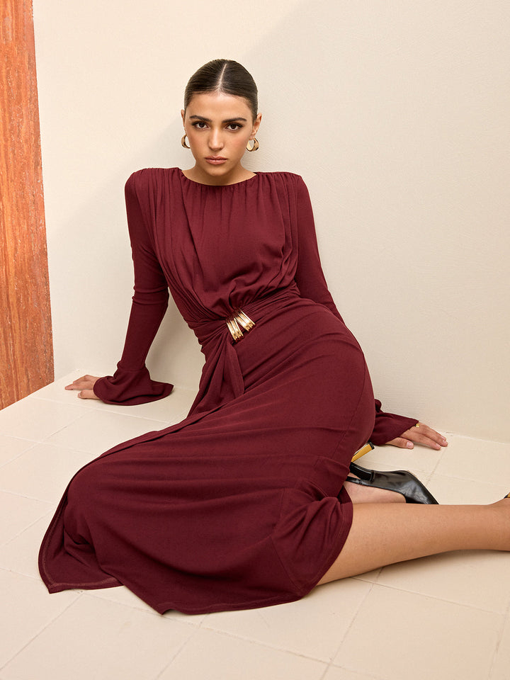 Long-Sleeve Draped Maxi Dress