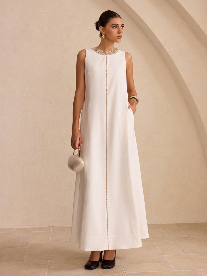 Hand-Beaded Neckline Pocket Maxi Dress