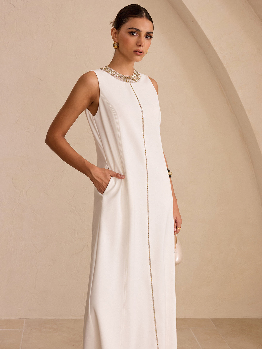 Hand-Beaded Neckline Pocket Maxi Dress