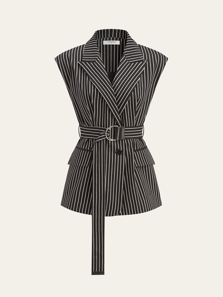 Cotton-Blend Striped Belted Longline Vest