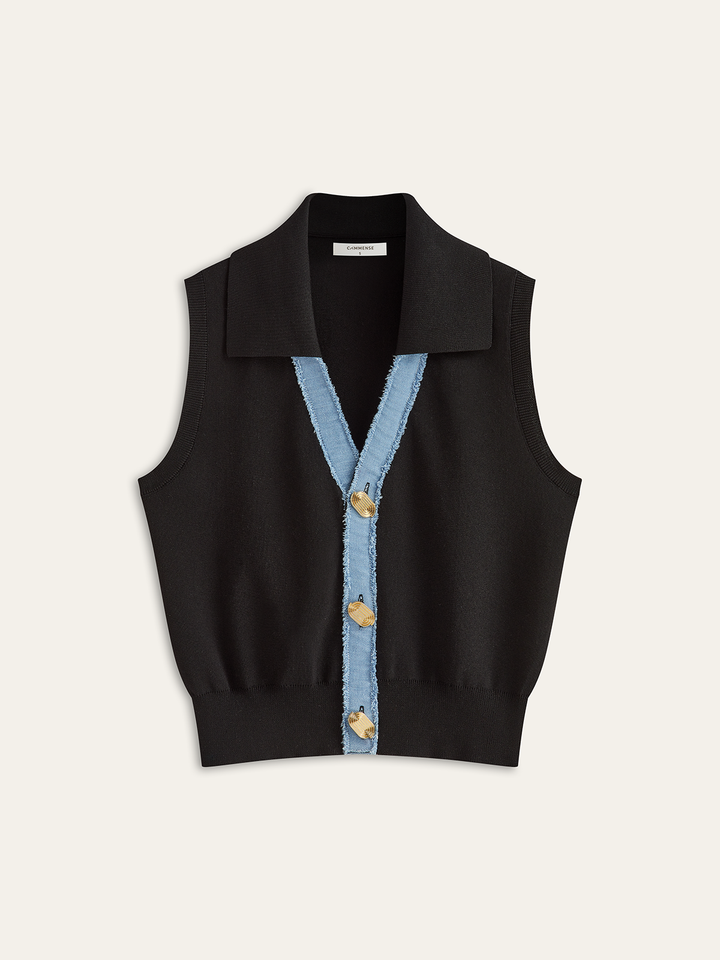 Denim Placket Button Knit Vest