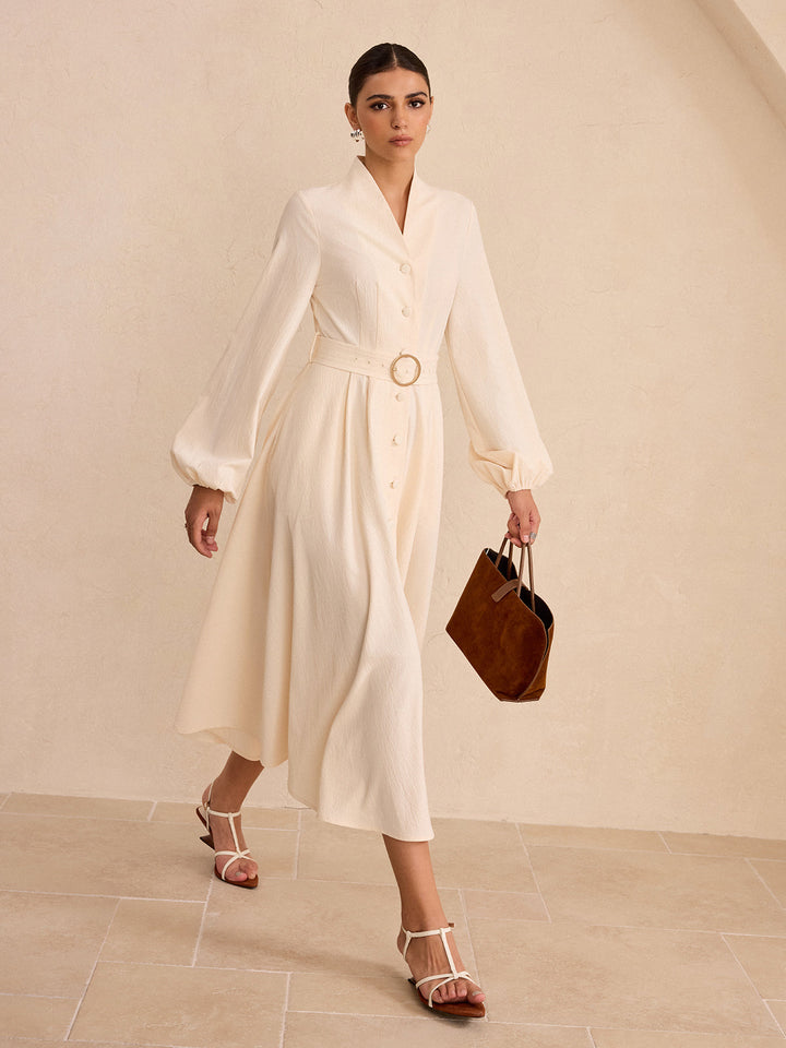 Belted Button-Front Long-Sleeve Midi Dress