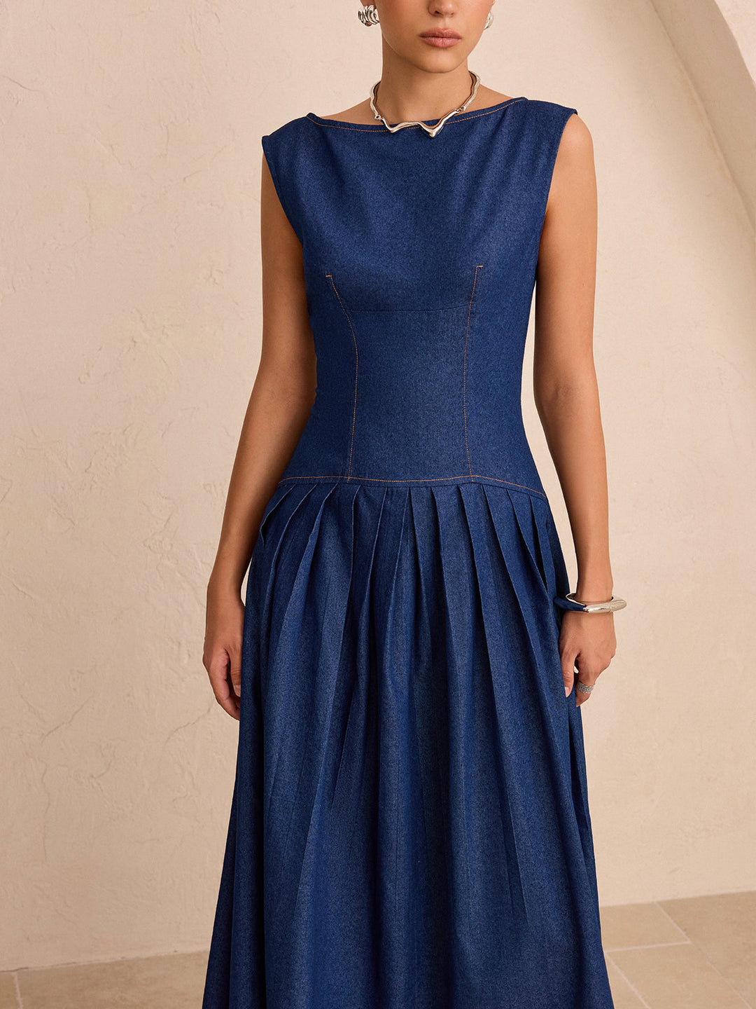 Faux Denim Sleeveless Pleated Maxi Dress