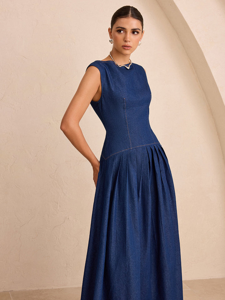 Faux Denim Sleeveless Pleated Maxi Dress