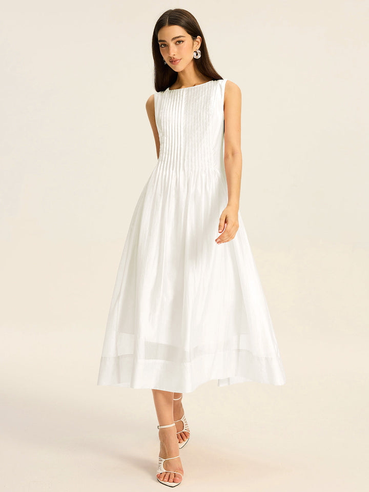 Semi-Sheer Tencel Pleated Sleeveless Midi Dress