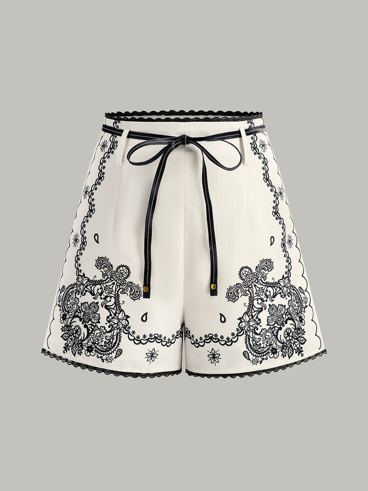 Floral Printed Suit Shorts with Lace Trims and Belt