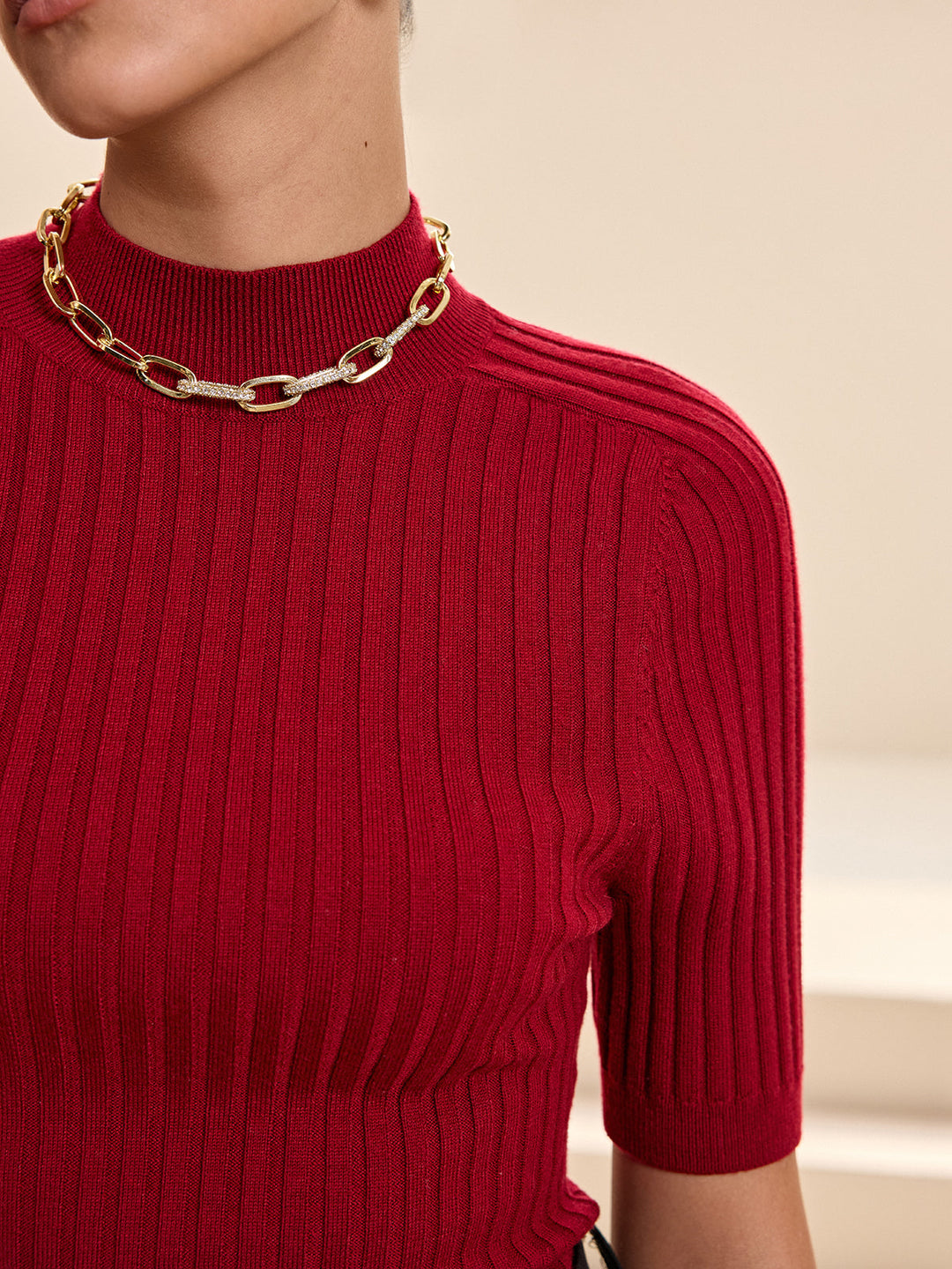 Ribbed Mock Neck Short Sleeve Sweater