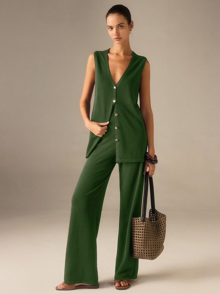 Golden Button Knit Vest Pants Set