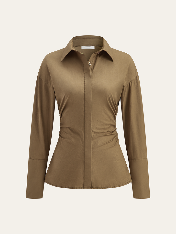 Cotton Blend Ruched Long Sleeve Shirt