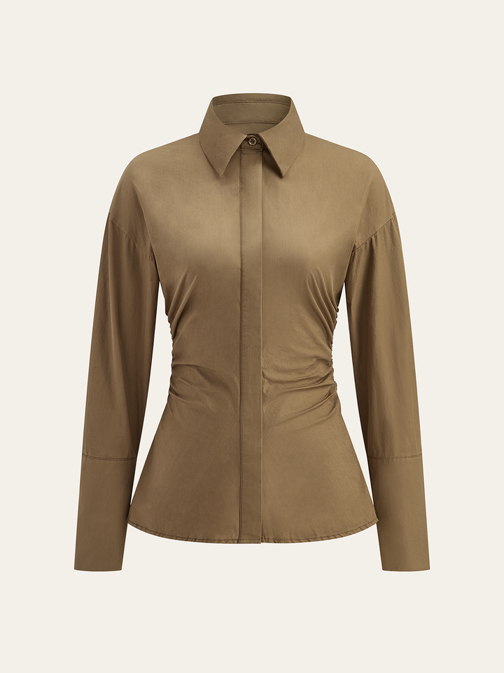 Cotton Blend Ruched Long Sleeve Shirt