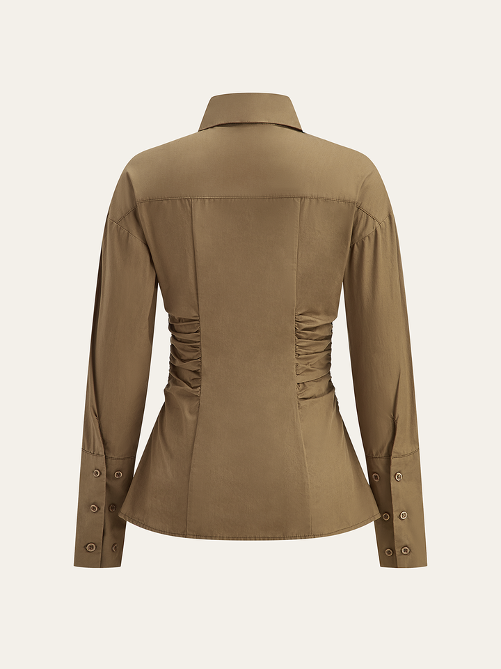 Cotton Blend Ruched Long Sleeve Shirt