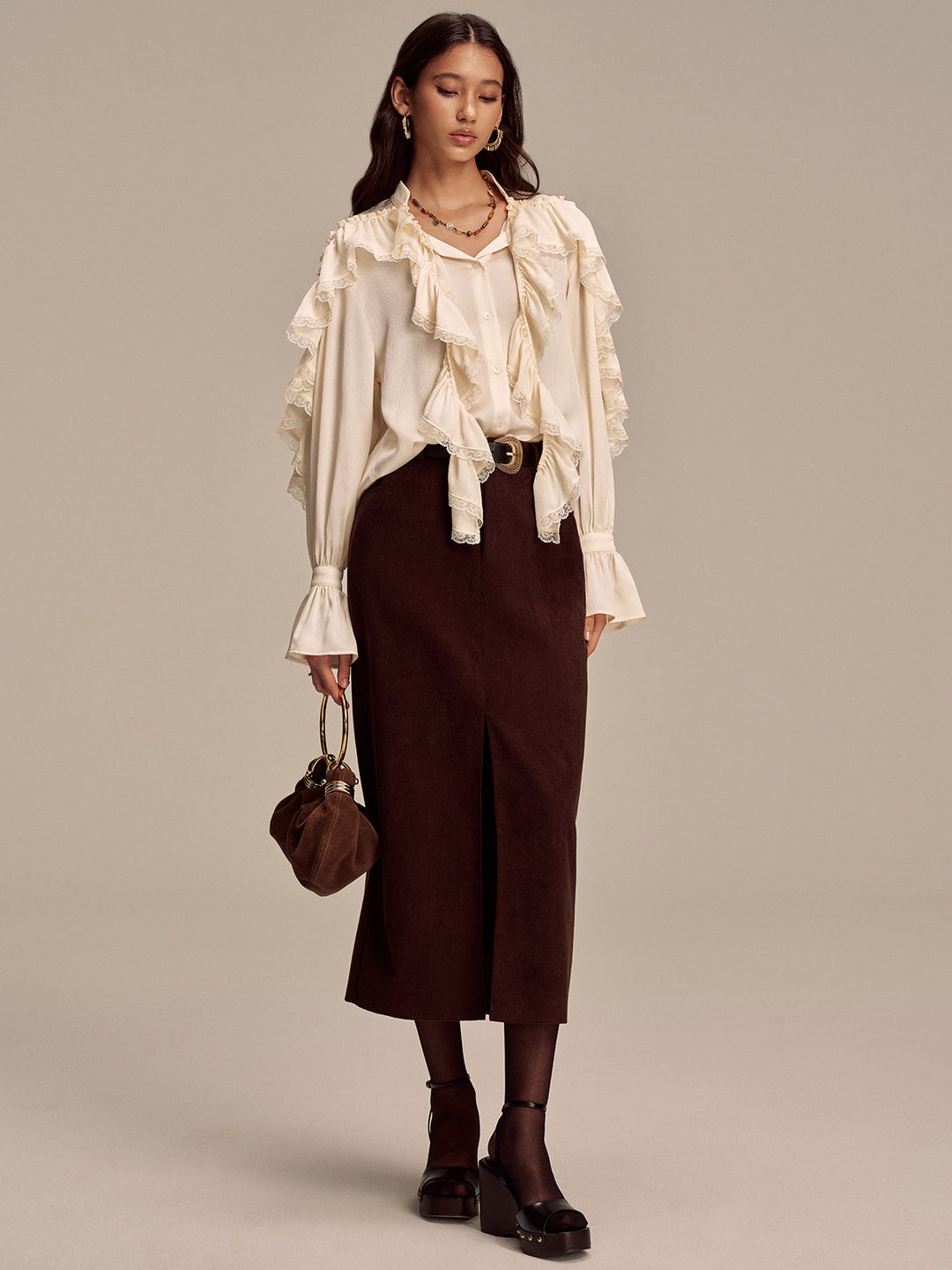 Ruffled Lace Trim Bell Sleeve Shirt