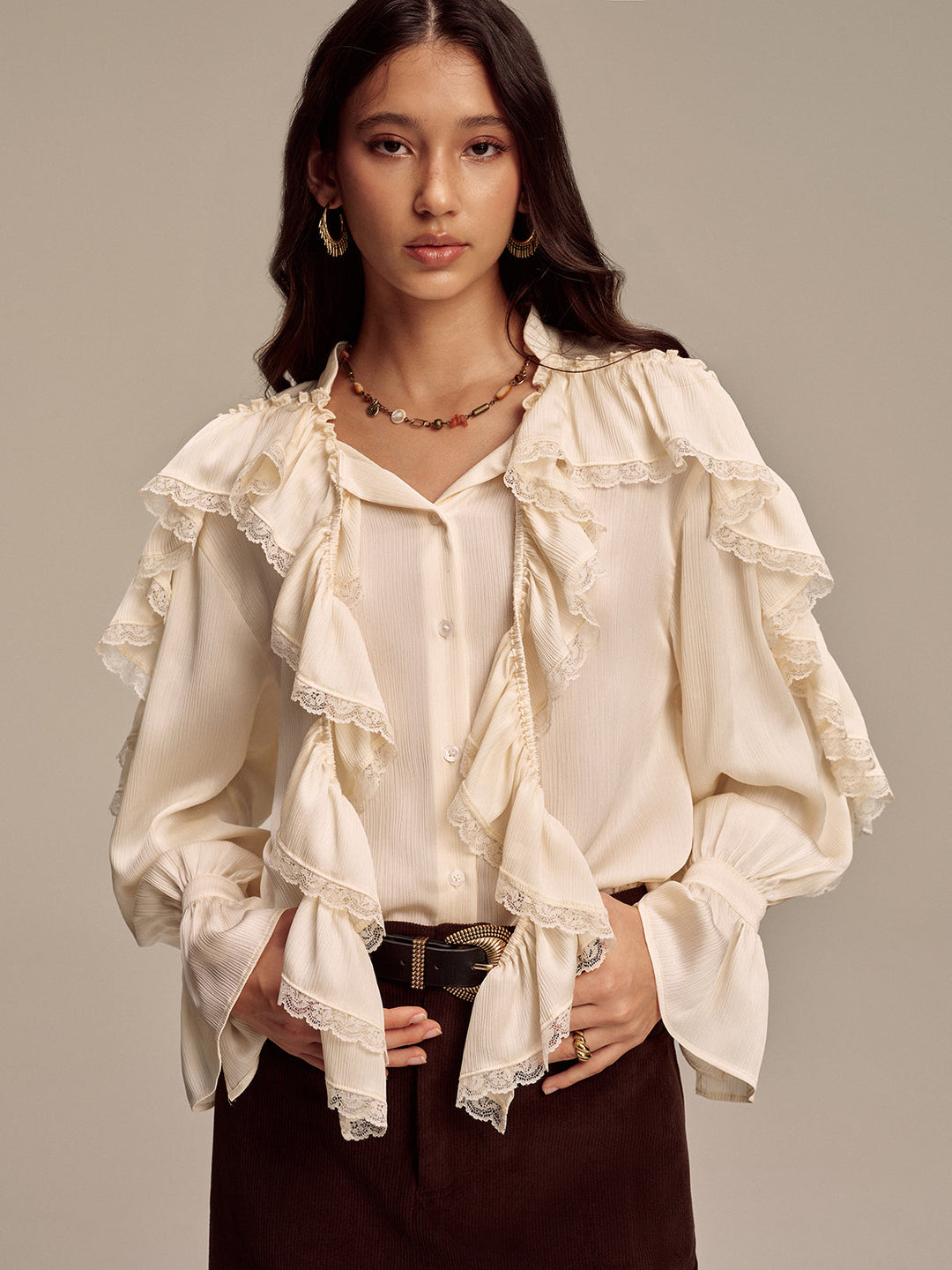 Ruffled Lace Trim Bell Sleeve Shirt