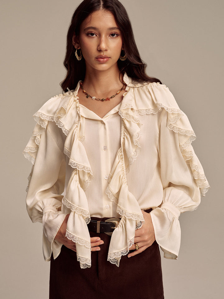 Ruffled Lace Trim Bell Sleeve Shirt