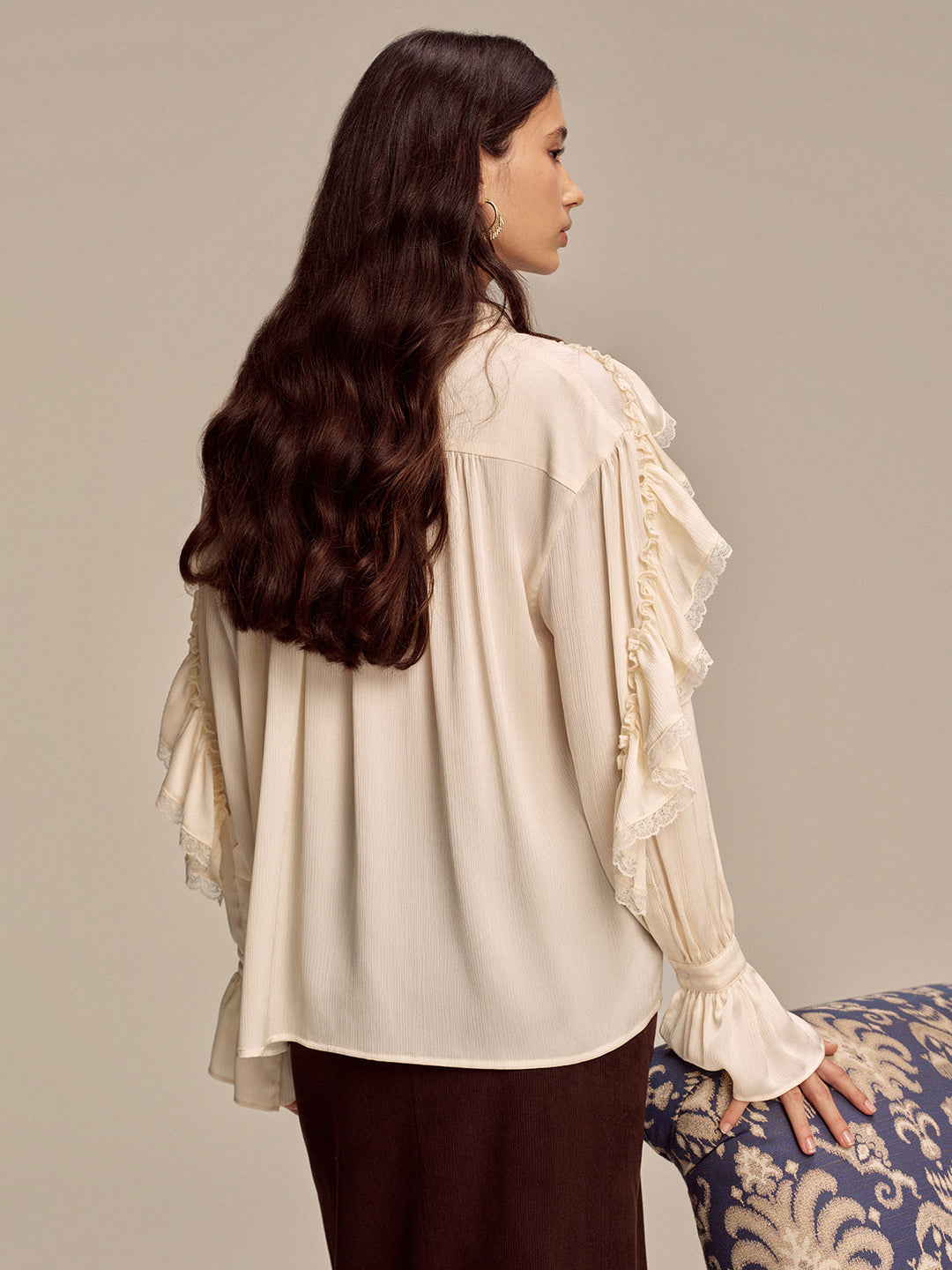 Ruffled Lace Trim Bell Sleeve Shirt