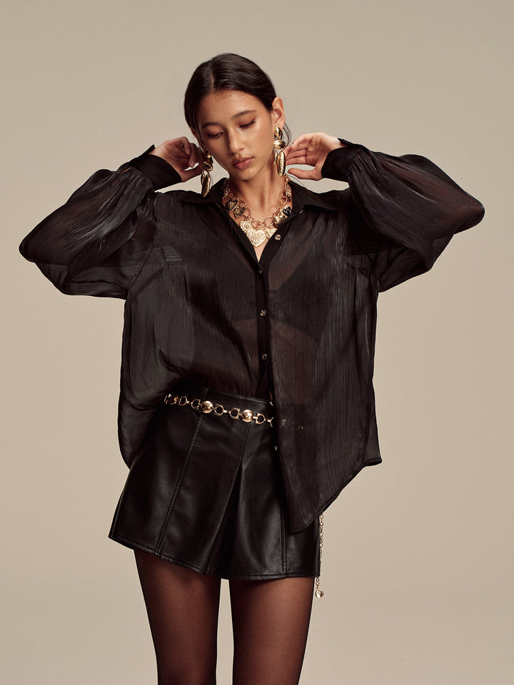 Sheer Chiffon Textured Metal Button Shirt