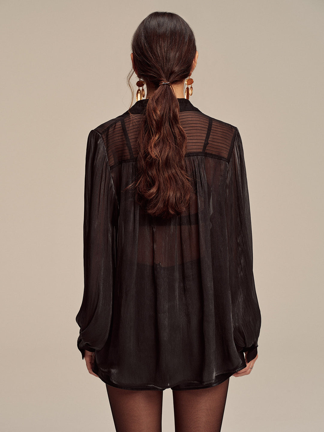 Sheer Chiffon Textured Metal Button Shirt