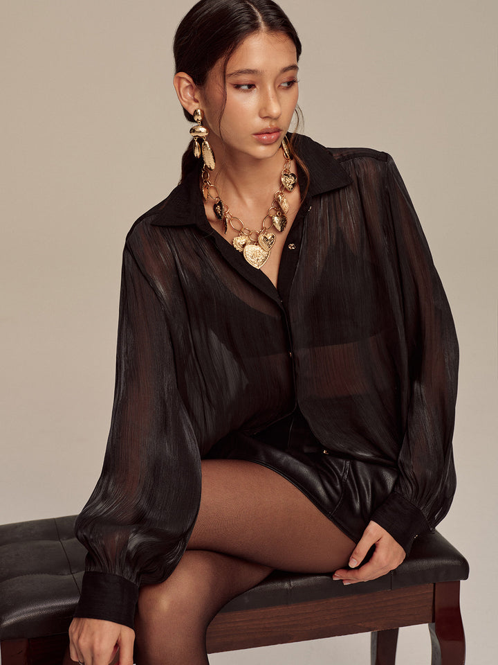Sheer Chiffon Textured Metal Button Shirt