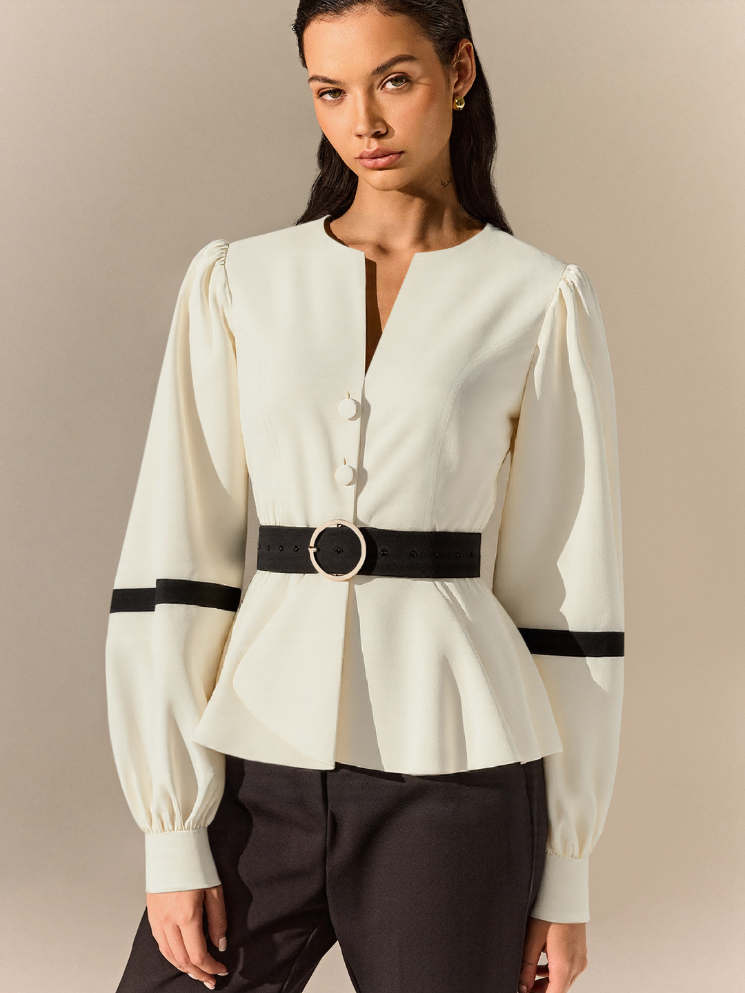 Contrast Belted Balloon Sleeve Shirt