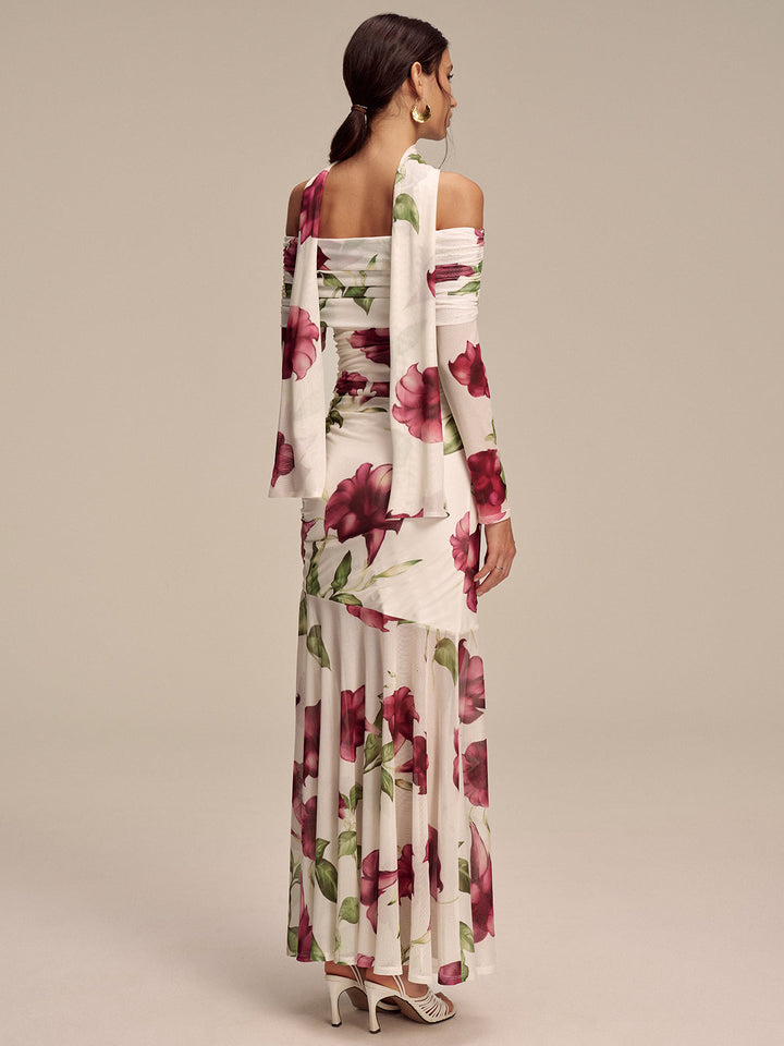 Floral Print Off-Shoulder Mesh Maxi Dress with Scarf Detail
