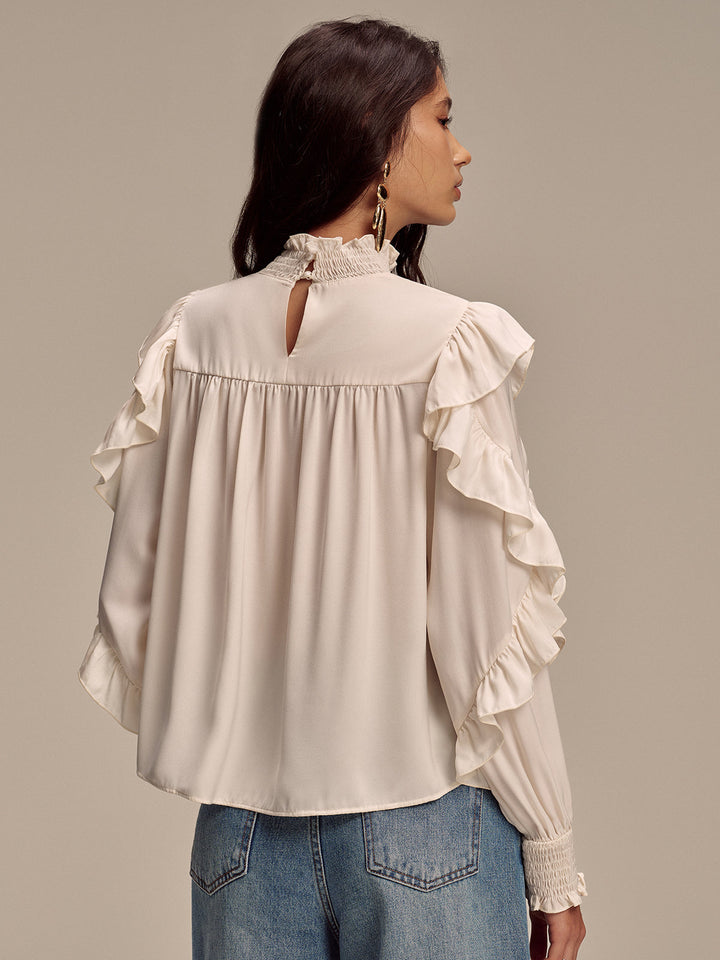 Embroidered Mock Neck Ruffled Blouse