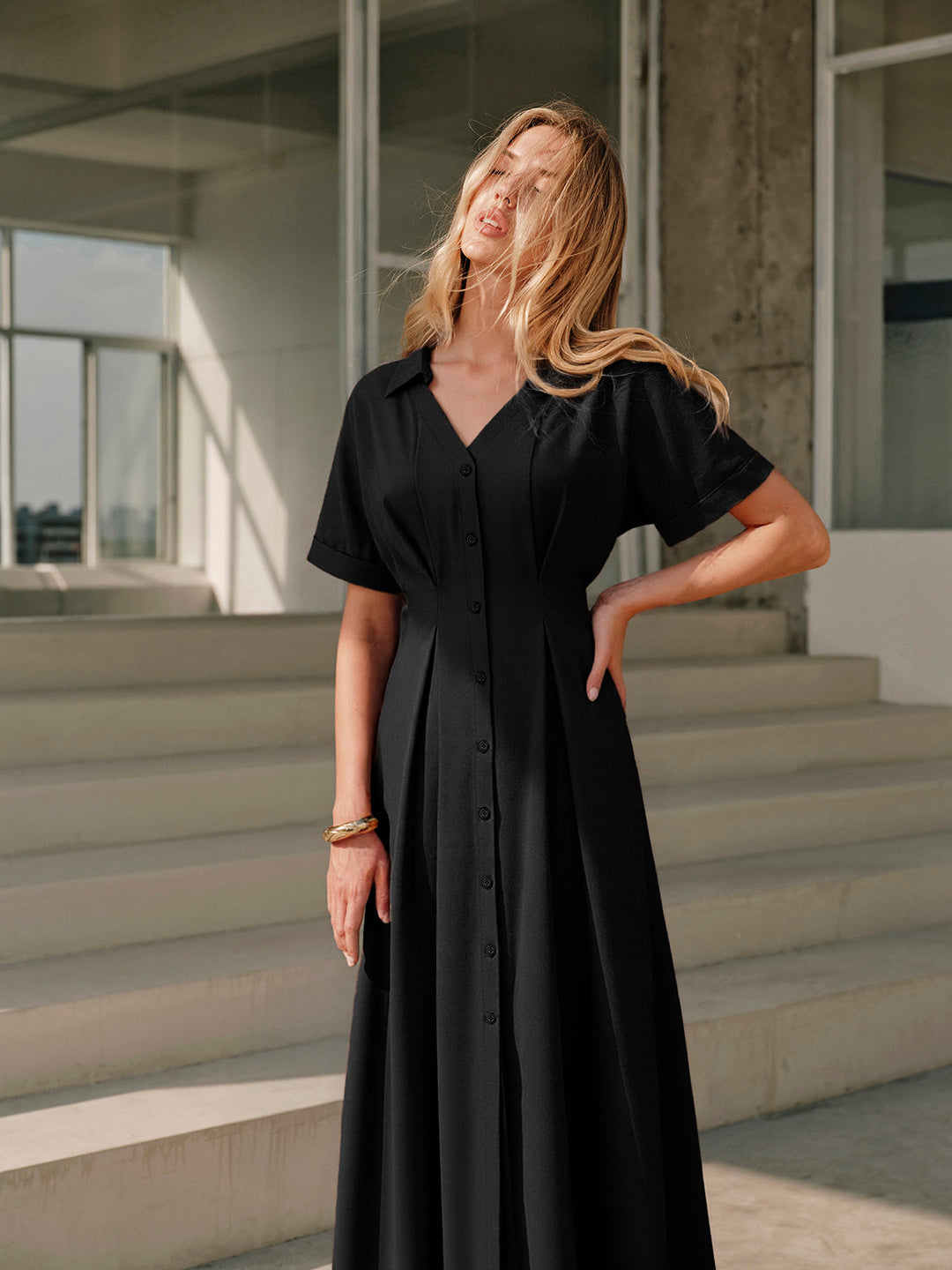 Pleated Button-Front Shirt Dress