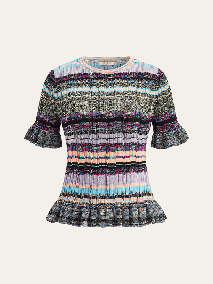 Ruffled Hem Colorful Striped Knit Top