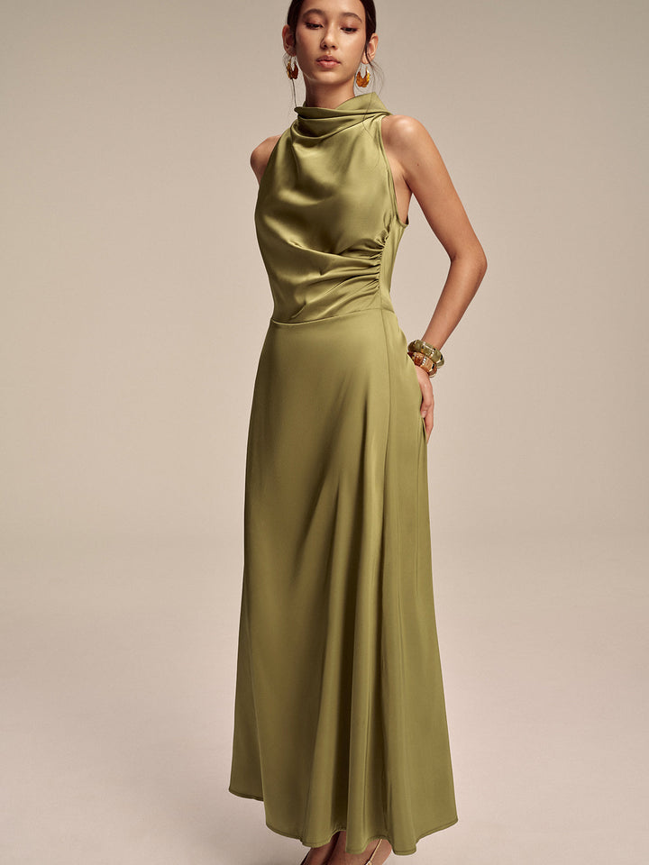 Satin Mock Neck Sleeveless Maxi Dress