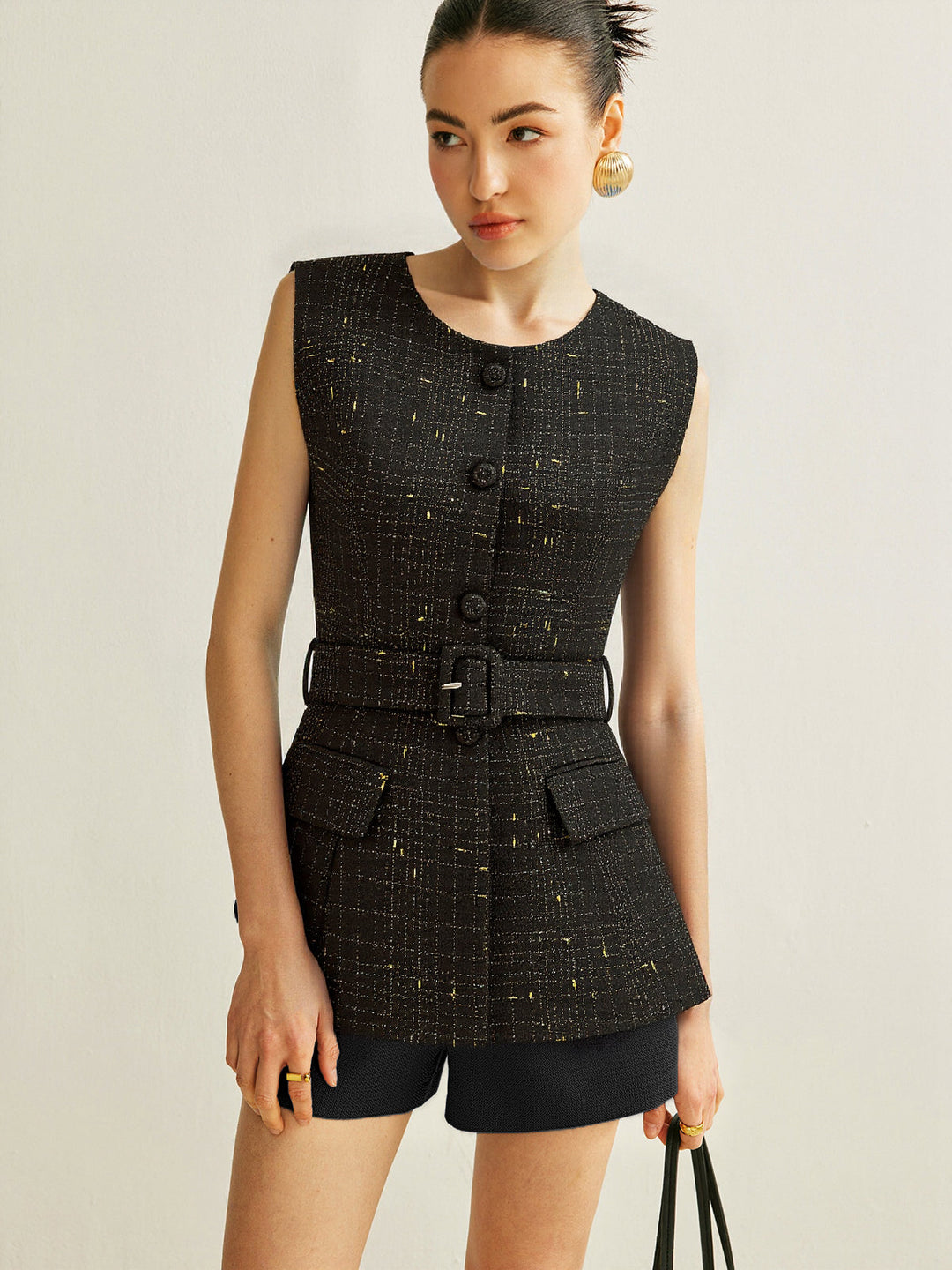 Tweed Belted Sleeveless Vest
