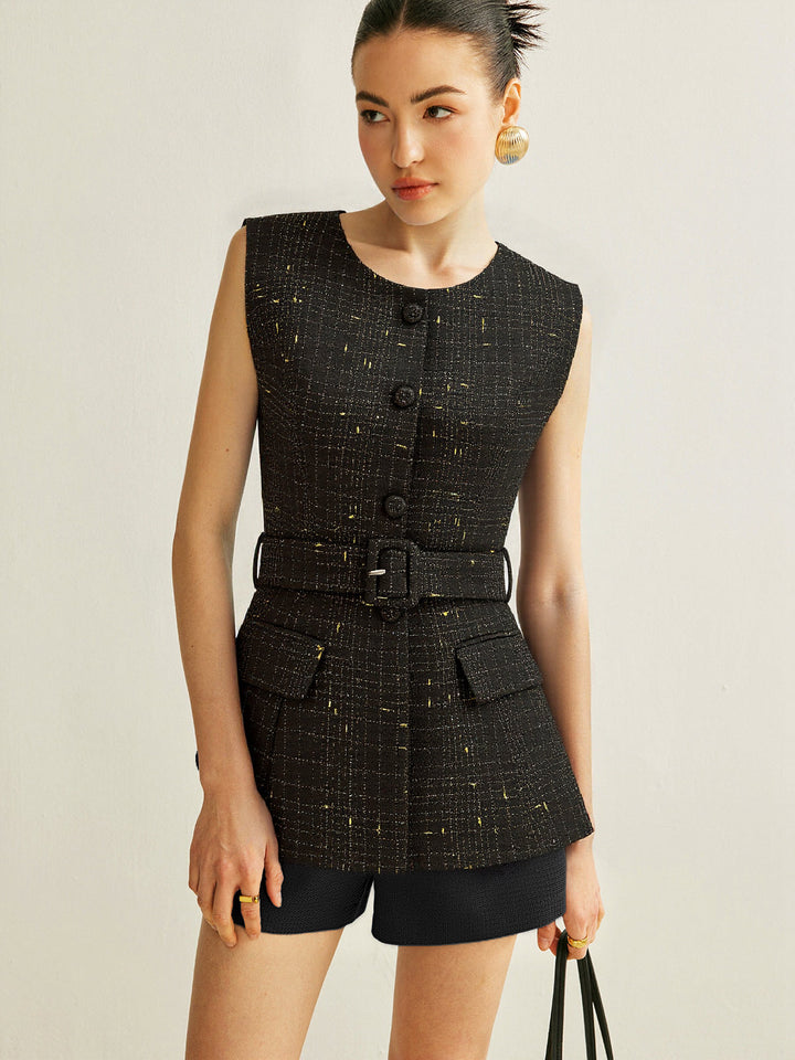 Tweed Belted Sleeveless Vest