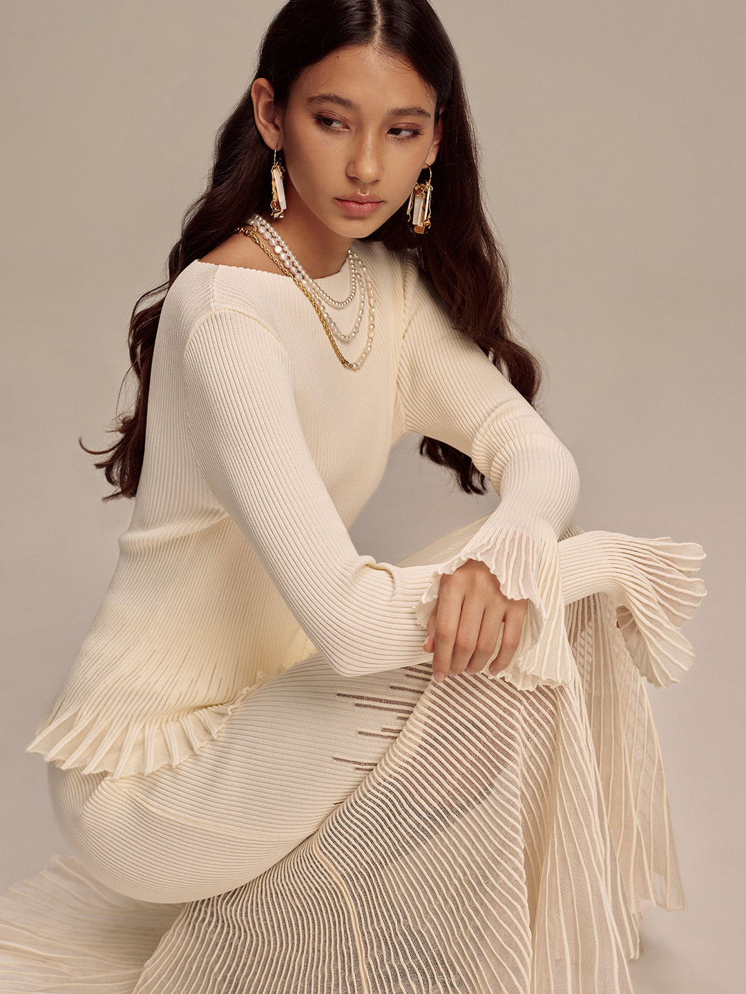 Ribbed Knit Mesh Ruffled Hem Bell Sleeve Top