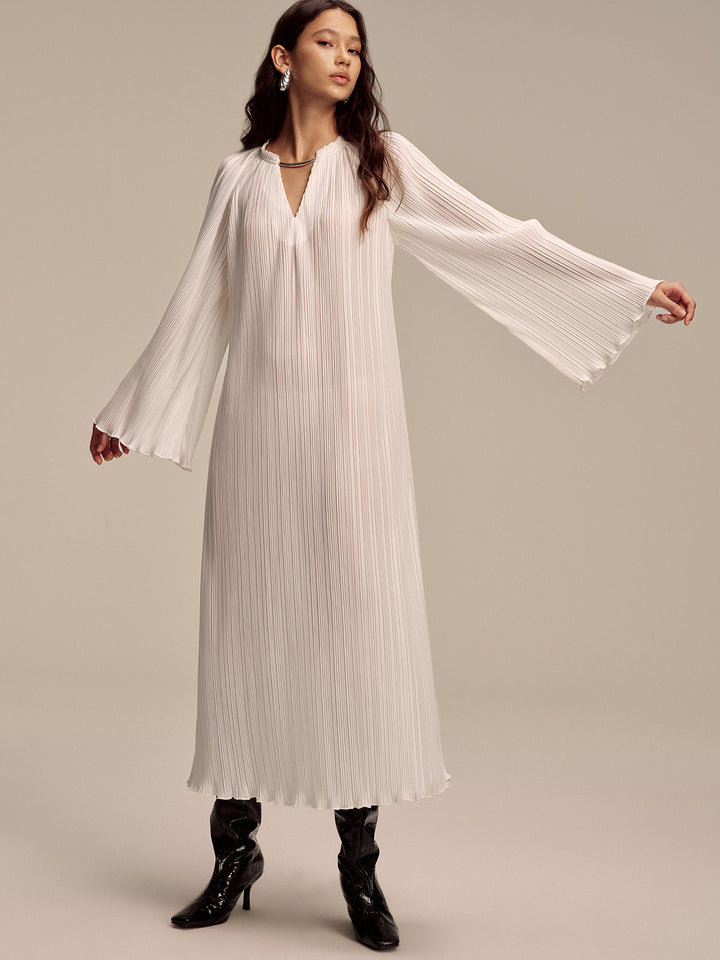 Metal Collar Pleated Long-Sleeve Maxi Dress