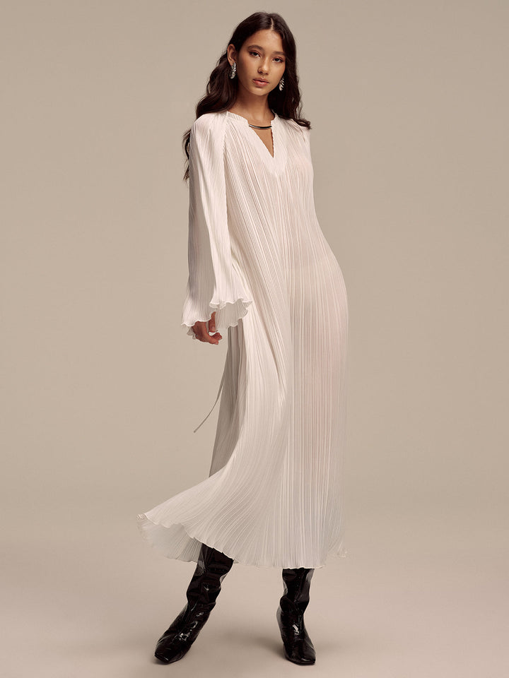 Metal Collar Pleated Long-Sleeve Maxi Dress